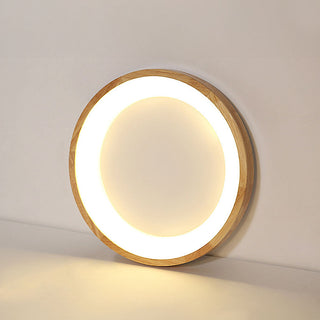 Circle wood LED ceiling fixture – retro geometric bedroom