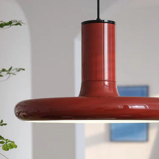 Modern red saucer pendant top view — metal dining room lamp