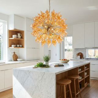Amber glass dandelion chandelier front — sputnik orange ceiling lamp