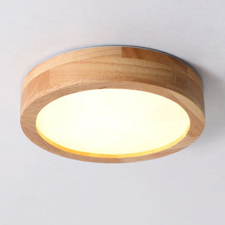 Contemporary wood round ceiling lamp close-up, sleek LED