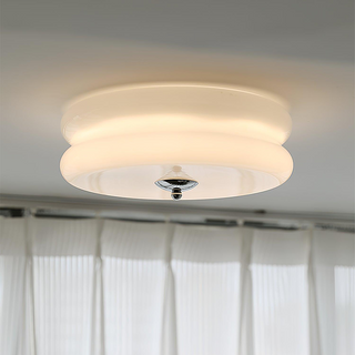 Art Deco Ceiling Light - LED Cream Cake Lamp With Glass Shade & Jade Finish