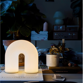 Modern arch desk lamp side — white metal LED warm