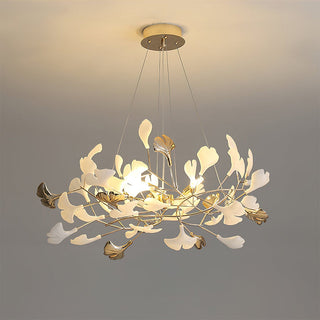 Modern unique metal chandelier detail — art frame dining warm