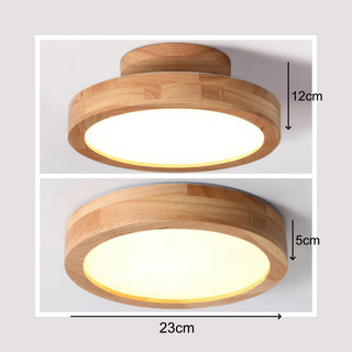 Round wood flush mount ceiling fixture, contemporary LED design