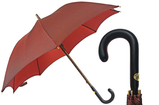 Men's leather handle red jacquard canopy handmade Italian umbrella front view