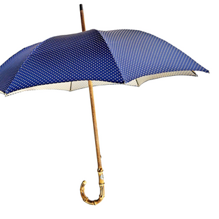 Bamboo handle dot pattern handcrafted Italian artisan umbrella side view