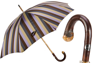 Solid chestnut wood handle striped handmade Italian men's umbrella front view