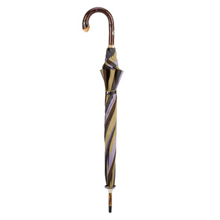 Solid chestnut wood handle striped handmade Italian men's umbrella close-up
