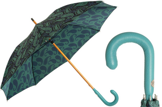 Turquoise paisley leather handle handmade Italian luxury men's umbrella front view