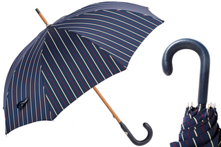 Bespoke striped navy leather handle handmade Italian men's umbrella front view