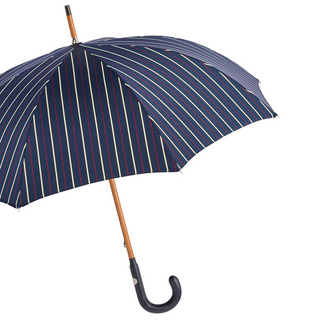 Bespoke striped navy leather handle handmade Italian men's umbrella side view