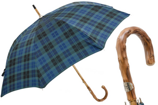 Blue check wooden handle handmade Italian men's rain umbrella front view