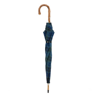 Blue check wooden handle handmade Italian men's rain umbrella close-up