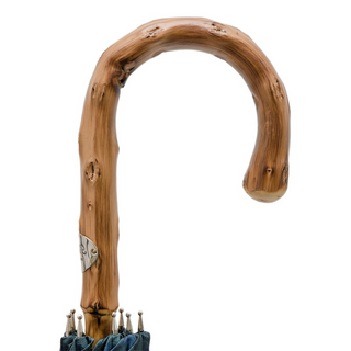 Blue check wooden handle handmade Italian men's rain umbrella detail