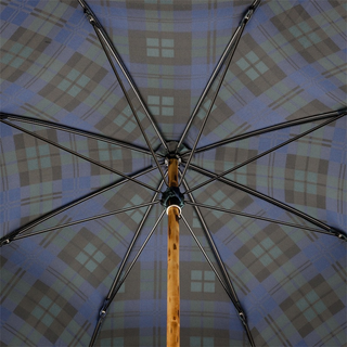 Blue check wooden handle handmade Italian men's rain umbrella open