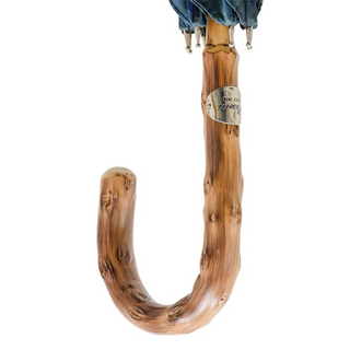 Blue check wooden handle handmade Italian men's rain umbrella canopy