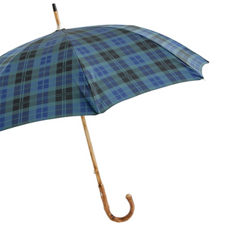 Blue check wooden handle handmade Italian men's rain umbrella side view