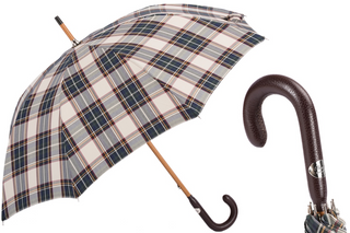Brown tartan leather handle handmade Italian men's rain umbrella front view