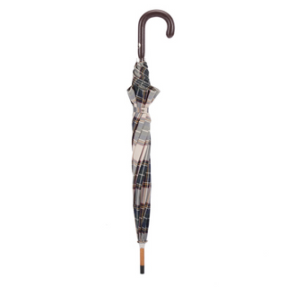 Brown tartan leather handle handmade Italian men's rain umbrella close-up