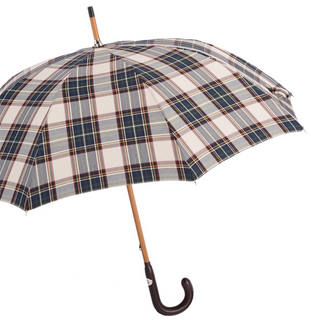 Brown tartan leather handle handmade Italian men's rain umbrella side view