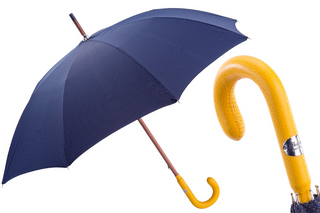 Navy leather handle yellow polka dots handmade Italian men's umbrella front view