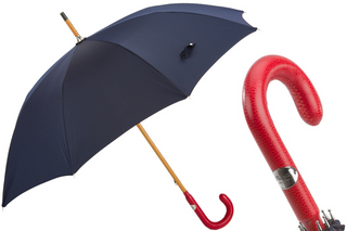 Navy leather handle red dots handmade Italian men's umbrella front view
