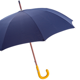 Navy leather handle yellow polka dots handmade Italian men's umbrella side view
