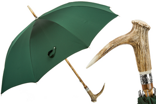 Deer antler wooden shaft handle handmade Italian men's umbrella front view