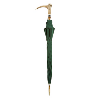 Deer antler wooden shaft handle handmade Italian men's umbrella close-up