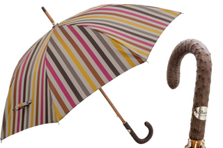 Gentleman's striped luxury ostrich leather handle Italian men's umbrella front view