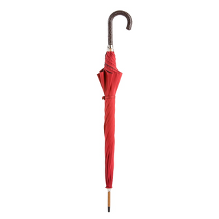 Luxury gent's braided leather handle wide canopy handmade Italian umbrella close-up