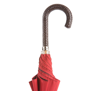 Luxury gent's braided leather handle wide canopy handmade Italian umbrella detail