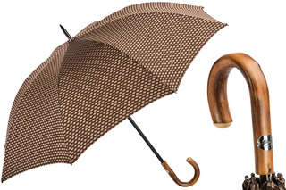 Geometric jacquard chestnut handle water resistant handmade Italian umbrella front