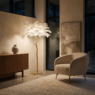 Lampadaire plume – Lampe artisanale en plumes d'autruche avec base en métal | Éclairage d'ambiance élégant