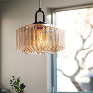 Mid Century Pendant Light – Striped Glass Lamp with E27 Bulb Base for Living Room