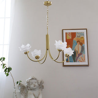 French 3-light glass chandelier side — vintage brass rose warm