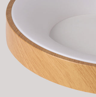 Round natural wood ceiling lamp, warm LED ambient light