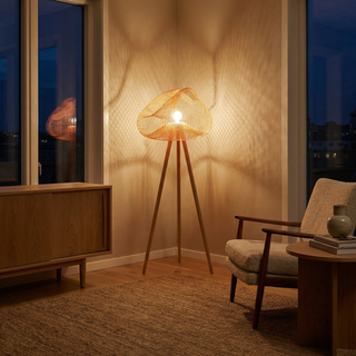 Bamboo Rattan Floor Lamp – Natural Tripod Design with Warm LED Lighting for Living Room