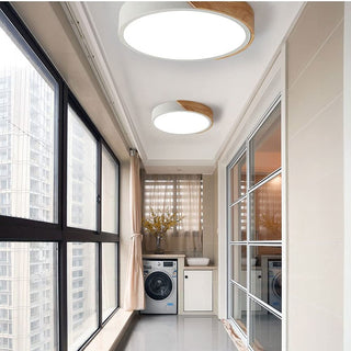 Round wood ceiling lamp installed, modern dimmable LED