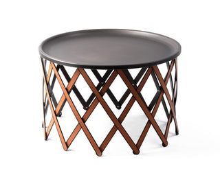 safari folding table designer portable coffee table bronzed plate leather side view