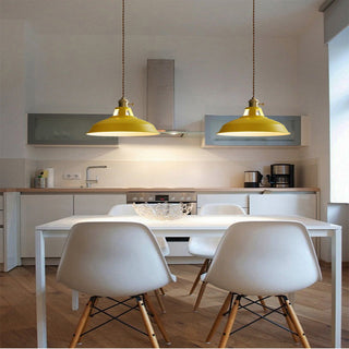 Colorful round pendant in kitchen — iron island hanging fixture
