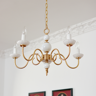 Vintage metal glass cream chandelier wide view — soft warm dining