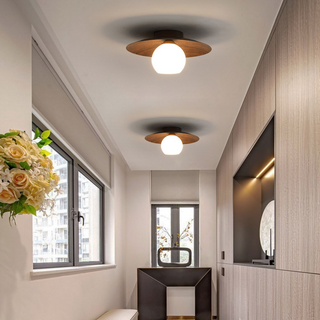 Bedroom ceiling lamp with natural wood, warm modern glow