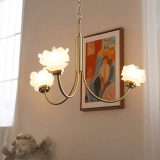 French vintage chandelier illuminated — 3-light brass rose warm