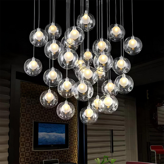 Glass globe cluster pendant lamp detail — stairway ceiling fixture