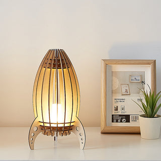 Rocket table lamp wooden slats — modern design side angle