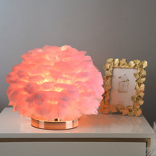 Rounded plush feather lamp front — warm ambient light