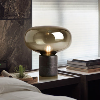 Minimalistic black table lamp — smoke glass orb marble base designer