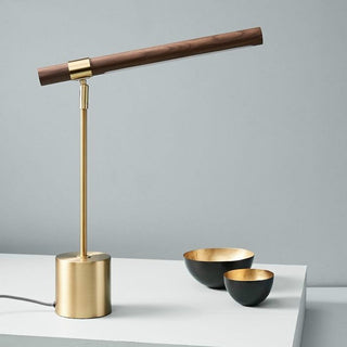Dark wood shade brass base lamp — minimalist close-up