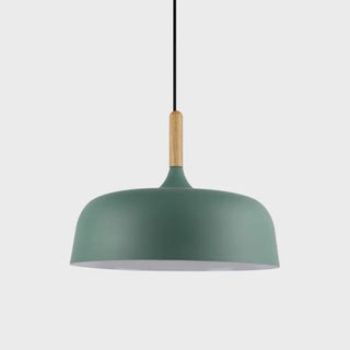 Industrial cream pendant side angle — small metal glass ceiling lamp